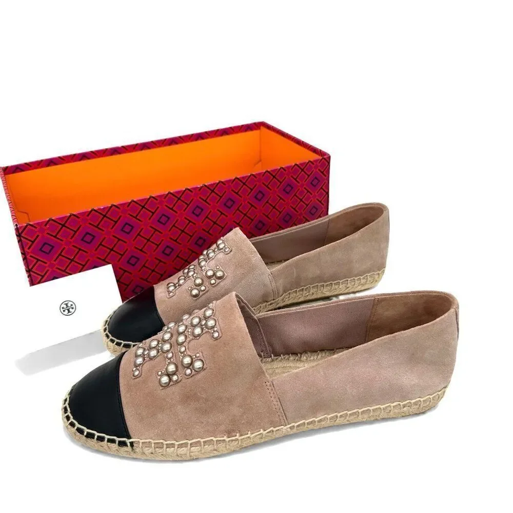 Tory Burch Pearl Logo Espadrille Flats Sensory MFO Suede Meadowsweet Womens 10